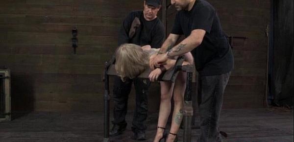  Blonde sub restrained in stocks